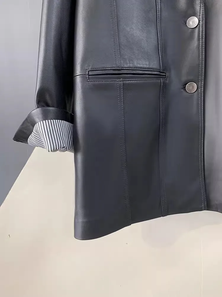 새로운 오피스 레이디스 천연 가죽 캐주얼 수트 재킷 싱글 브레스티드 루즈핏 미디엄 롱 코트 여성 패션 양가죽 블레이저