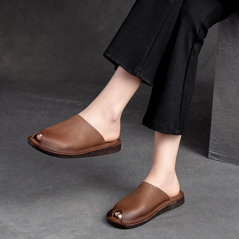 

Vintage Genuine Leather Women's Flat Slippers 2025 Summer Autumn Breathable Handmade Quality Comfortable Ladies Peep Toe Slides