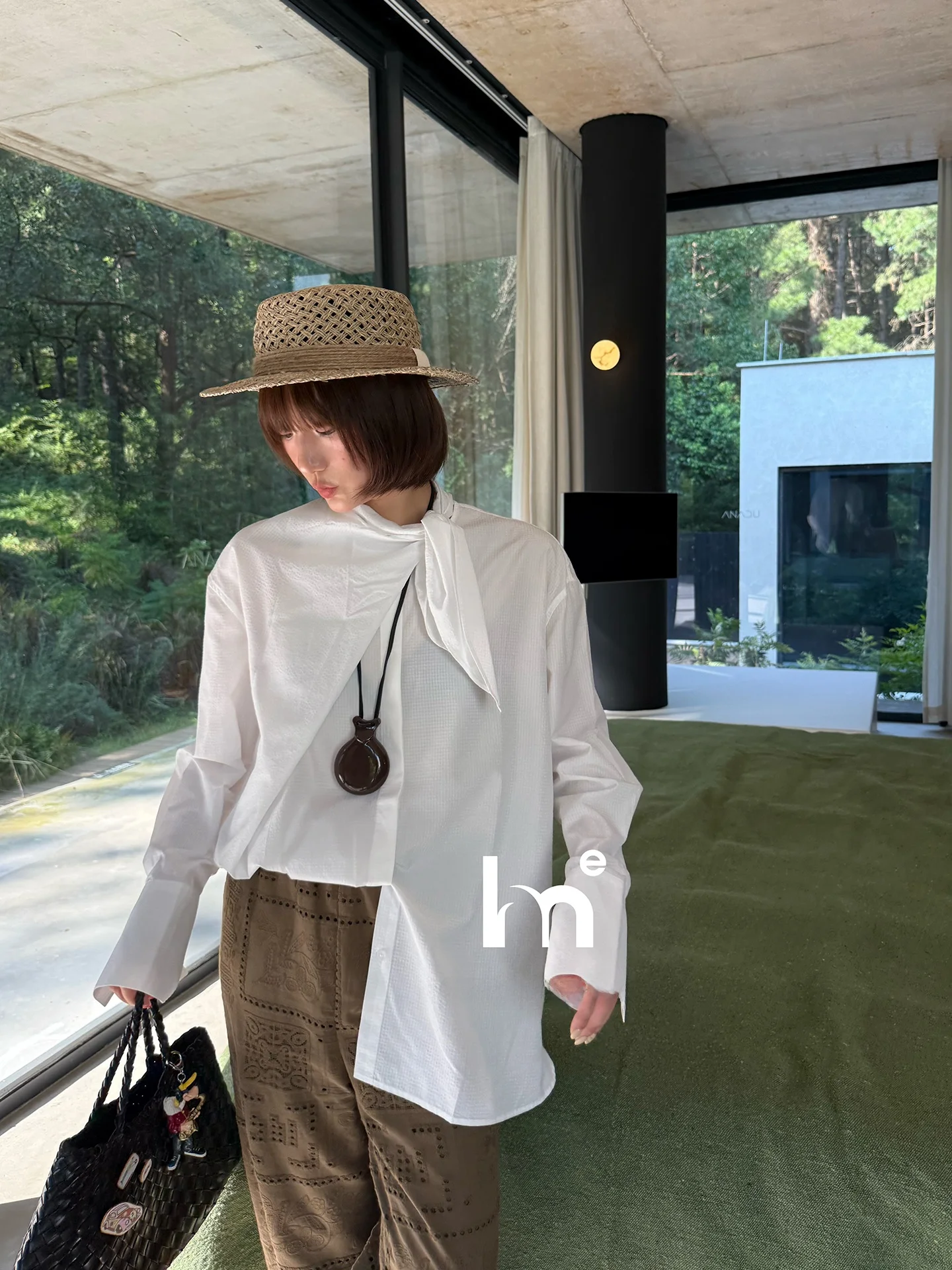 

EMH Long Sve White irt Loose Fit Scarf Collar Versatile Multi-Way Wear Salt Sink Texture Durable Women's Faion