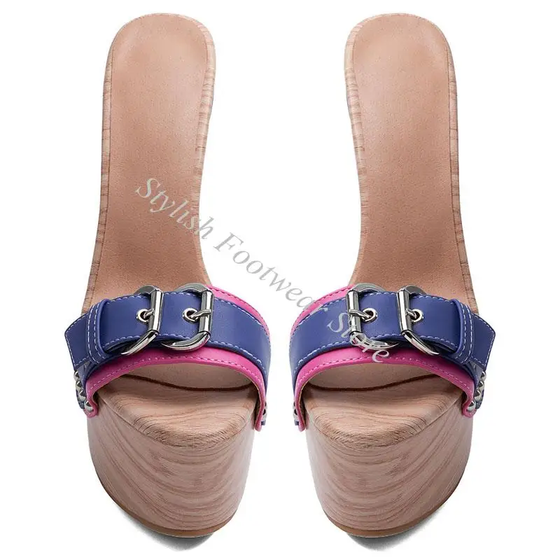 Sexy Wooden Platform Rivets Studs Metal Buckle Belt Strap Slipper Sandals High Heel Contrast Mixed Colors Slingbacks Woman Shoes