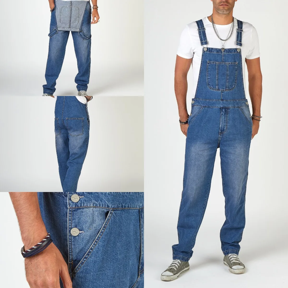 Heren Bretels Amerikaanse Retro Denim Overalls Slijtvaste Slash Pocket Baggy Jumpsuit voor Mannen Streetwear Wijde Pijpen Jeans