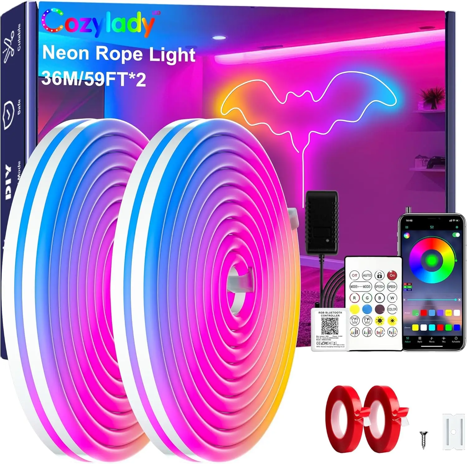 

Светодиодная неоновая лента RGB 120 футов (36 м) с управлением через приложение/пульт, клейкая лента для внутреннего и наружного декора дома, DIY