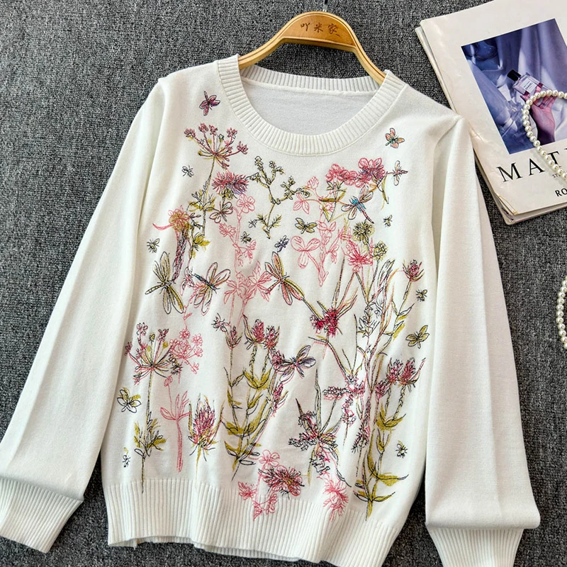 Embroidery Flower 2024 Autumn Winter Luxury Brand Design White Knit Long sleeves Sweater For Women Knitwear Pullover Clothes