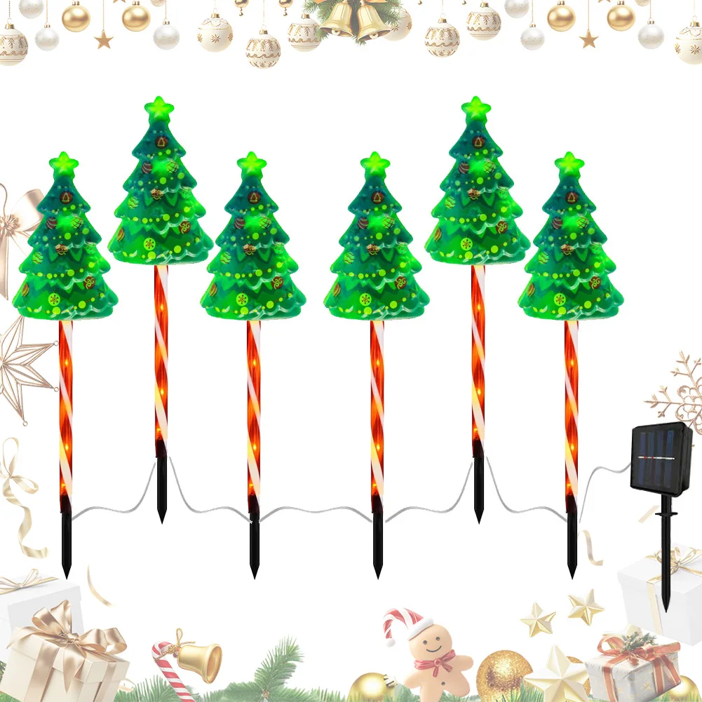 6 Pack Christmas Tree Light IP65 Waterproof Xmas Tree Candy Cane Light USB Rechargeable Decorative Pathway Light for Garden Lawn