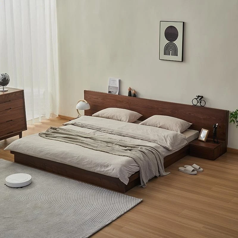 Modern Simple Black Walnut Nordic Double Floor Bed Floor-to-Floor Short Bed Full Solid Wood Queen Bed