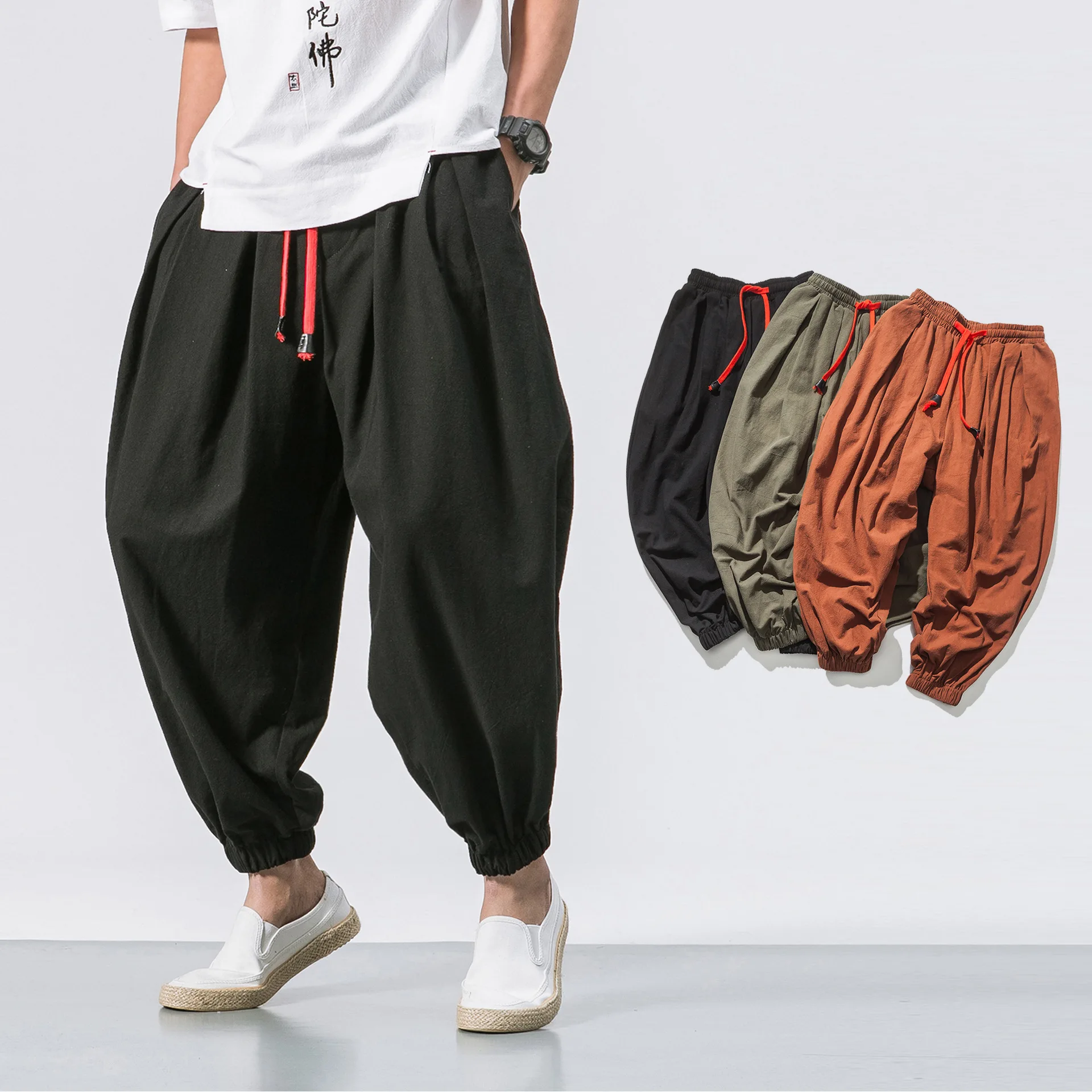 FGKKS ربيع الرجال فضفاض سراويلي حريمي الكتان الصيني زيادة الوزن Sweatpants عالية الجودة ماركة غير رسمية كبيرة الحجم بنطلون الذكور