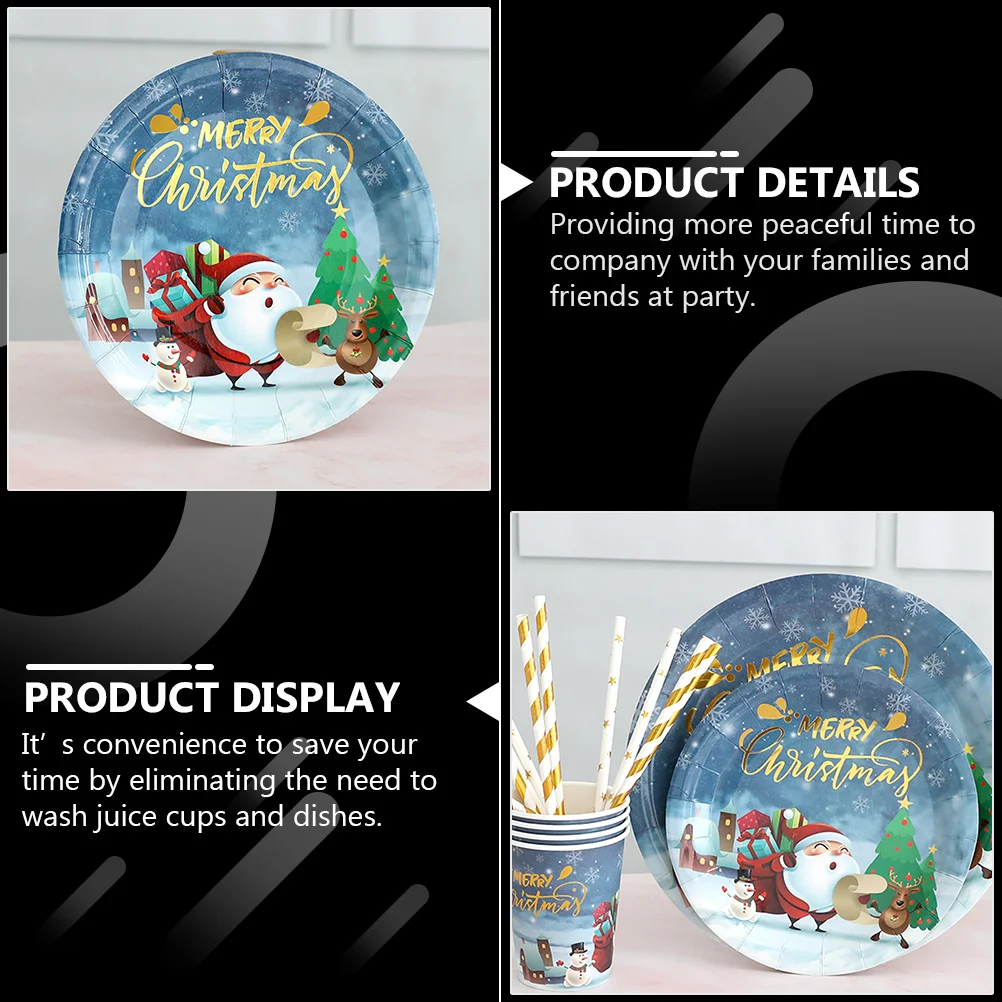 

20pcs Christmas Wood Cutlery Set Xmas Disposable Plates Beverage Cups For Party Dessert Tableware Round Wood Trays Kitchen Bar