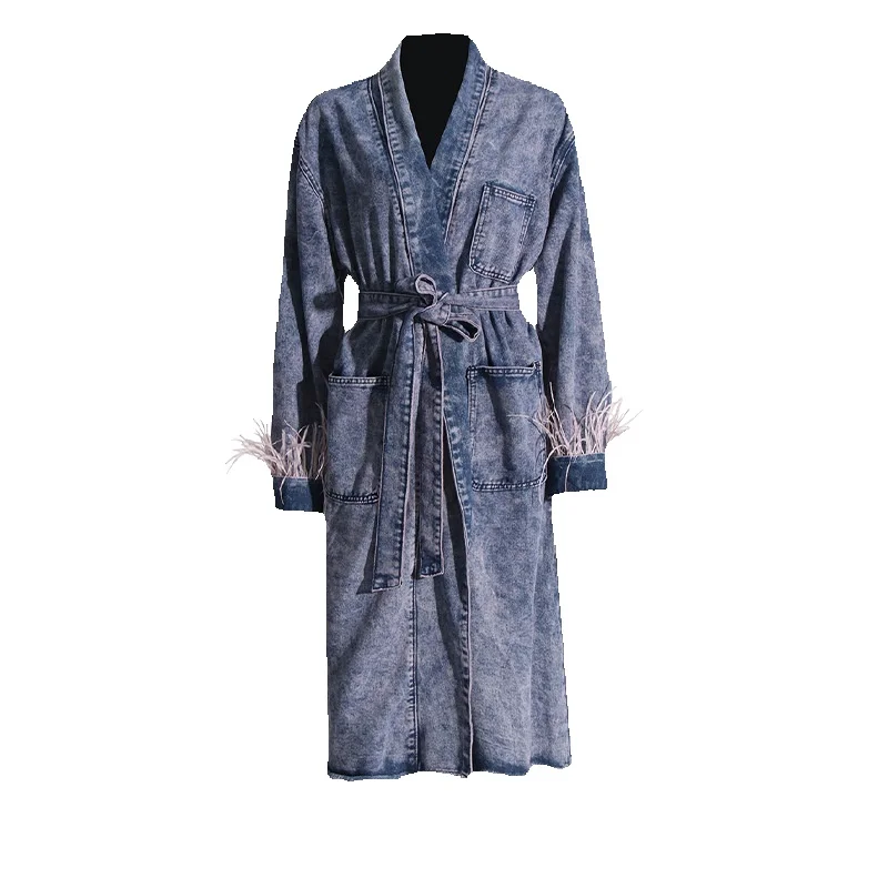 

Design Sense 2024 New Fashionable Splicing Feather Strap With Waist Closure Slim And Long Denim Coat For Women