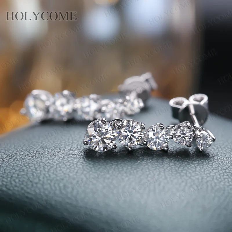 Moissanit-Tropfenohrringe aus 925er Sterlingsilber mit 5 Steinen, linearer runder Schliff, D-Farbe, romantischer Date-Schmuck, feiner Schmuck, GRA-zertifiziert – Detail 7