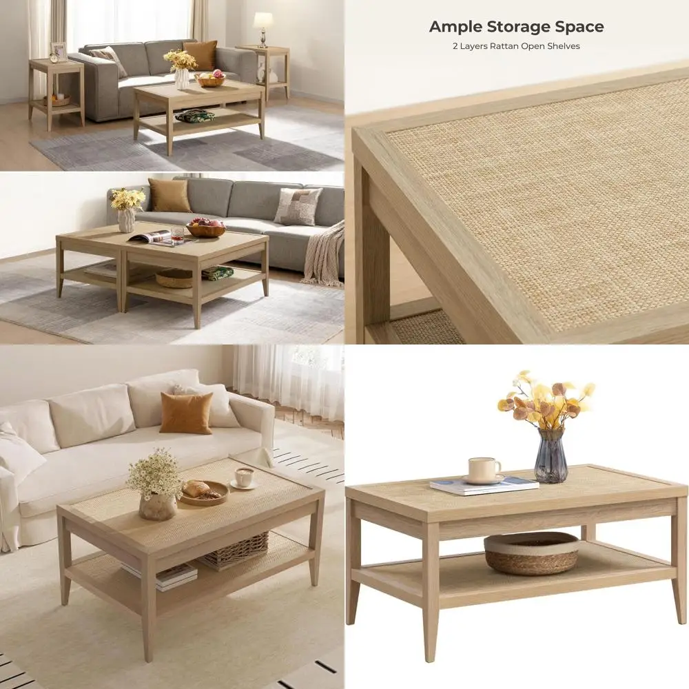 ボヘミアンシックな長方形の籐製コーヒーテーブル、2段収納付き、ライトオークのアクセントテーブル、リビングやホームオフィス用