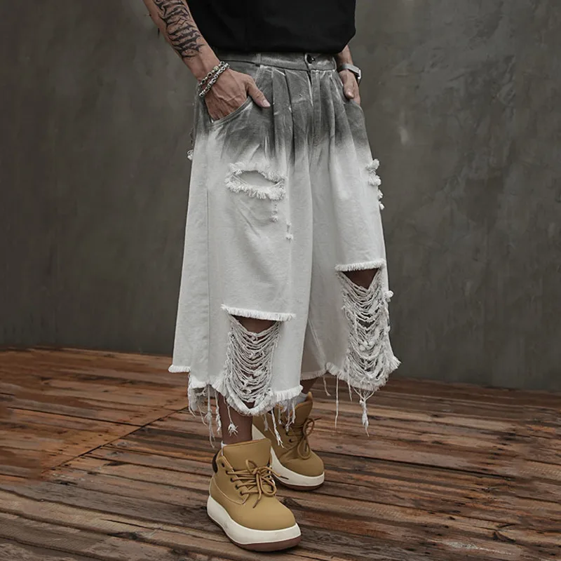 HKSH Sommer Neue Mann Flut Punk Abfall Land Punk Gradienten RO Schmutzig Schlamm Krawatte Gefärbt Lose Shorts Löcher Denim Hosen Jeans Unisex HK7925