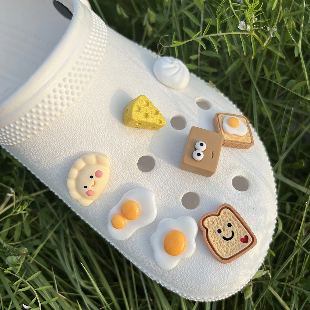 6/8/12/16PCS Cute Cheese Egg Bread Sponge Cheese Fried Eggs Resin Shoe Chams Diy Sandals Slippers Shoes Charm Accesso