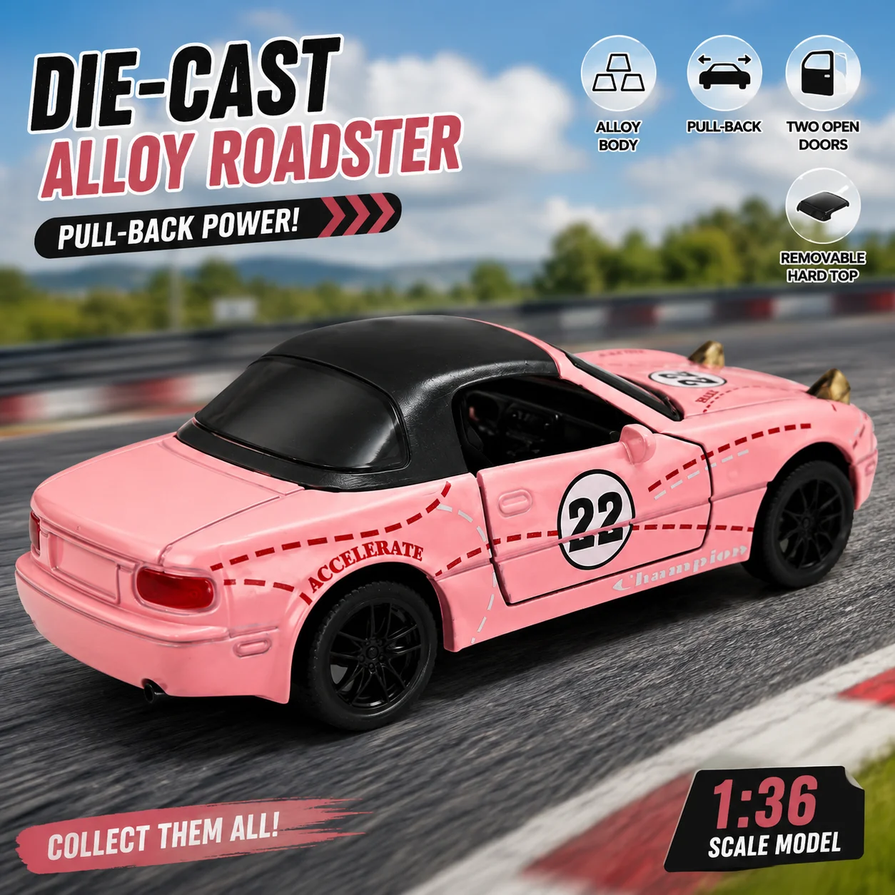 (Caja de cartón corrugado) Escala 1/36, juguete estilo Roadster con faros retráctiles retro, con función de retroceso, fundición de metal, el mejor regalo.