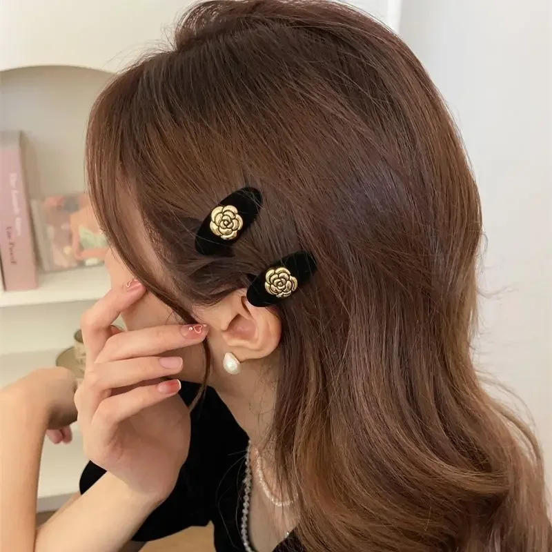 Vintage Camellia Mini Clips French Flocking Small Side Hair Clip Plant Flowers Hairpins Headwear Korean Girl Hair Accessories