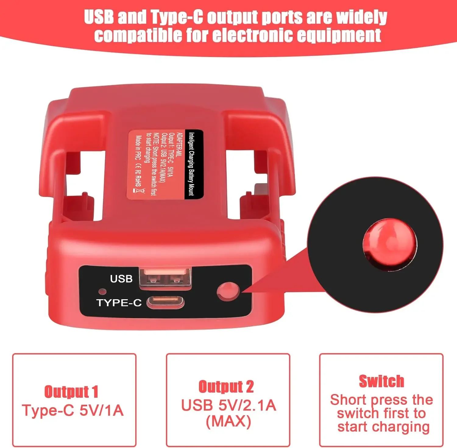 Adaptador de Bateria Usb Compatível para Milwaukee Bateria Li-ion 18v Porta de Saída 5v com Usb e Interface de Carregamento tipo c