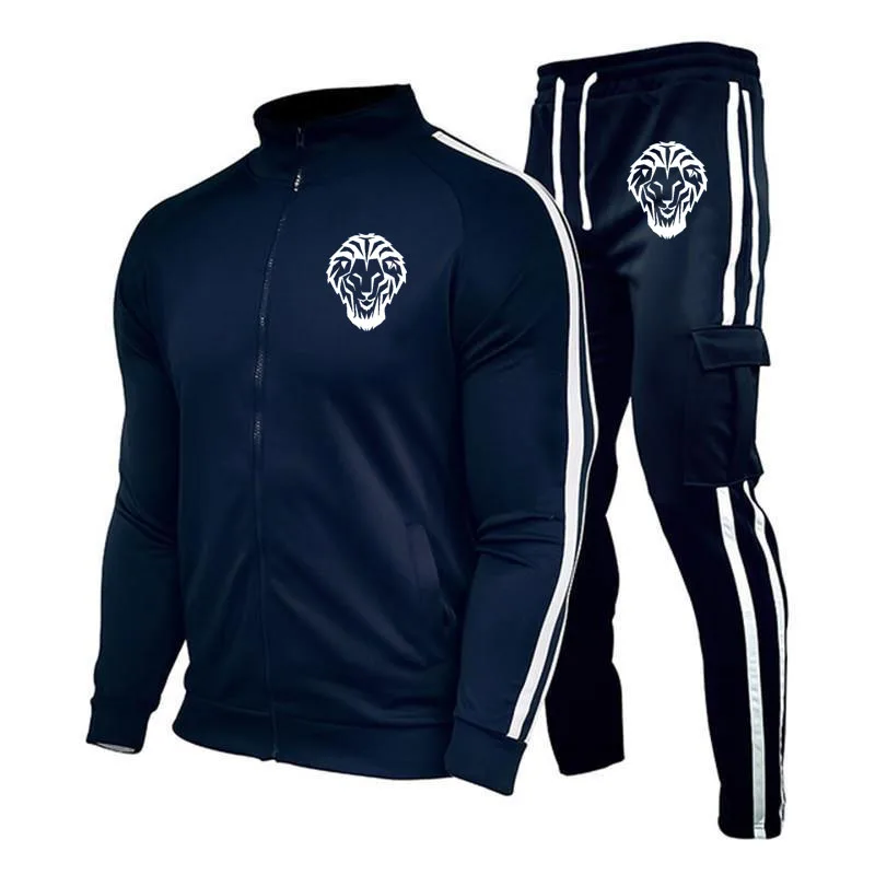 Costume de course à pied sportif pour hommes, vêtements de marque décontractés, design rayé, imprimé lion, veste pour hommes, mode