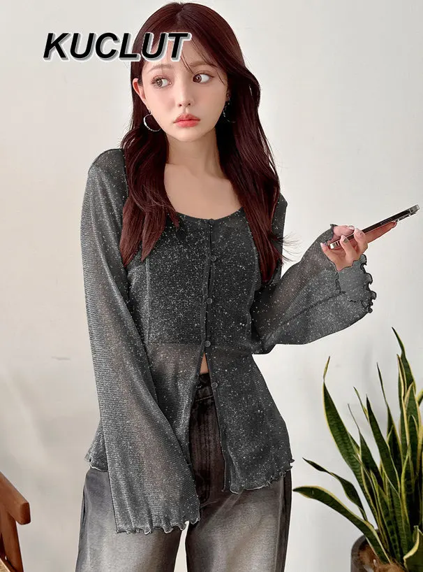 

Long Sleeve Tops for Women Shiny Mesh Bell Sleeves Button Placket Sheer Base Shirt Lace Blouse Spring and Autumn 2026 New