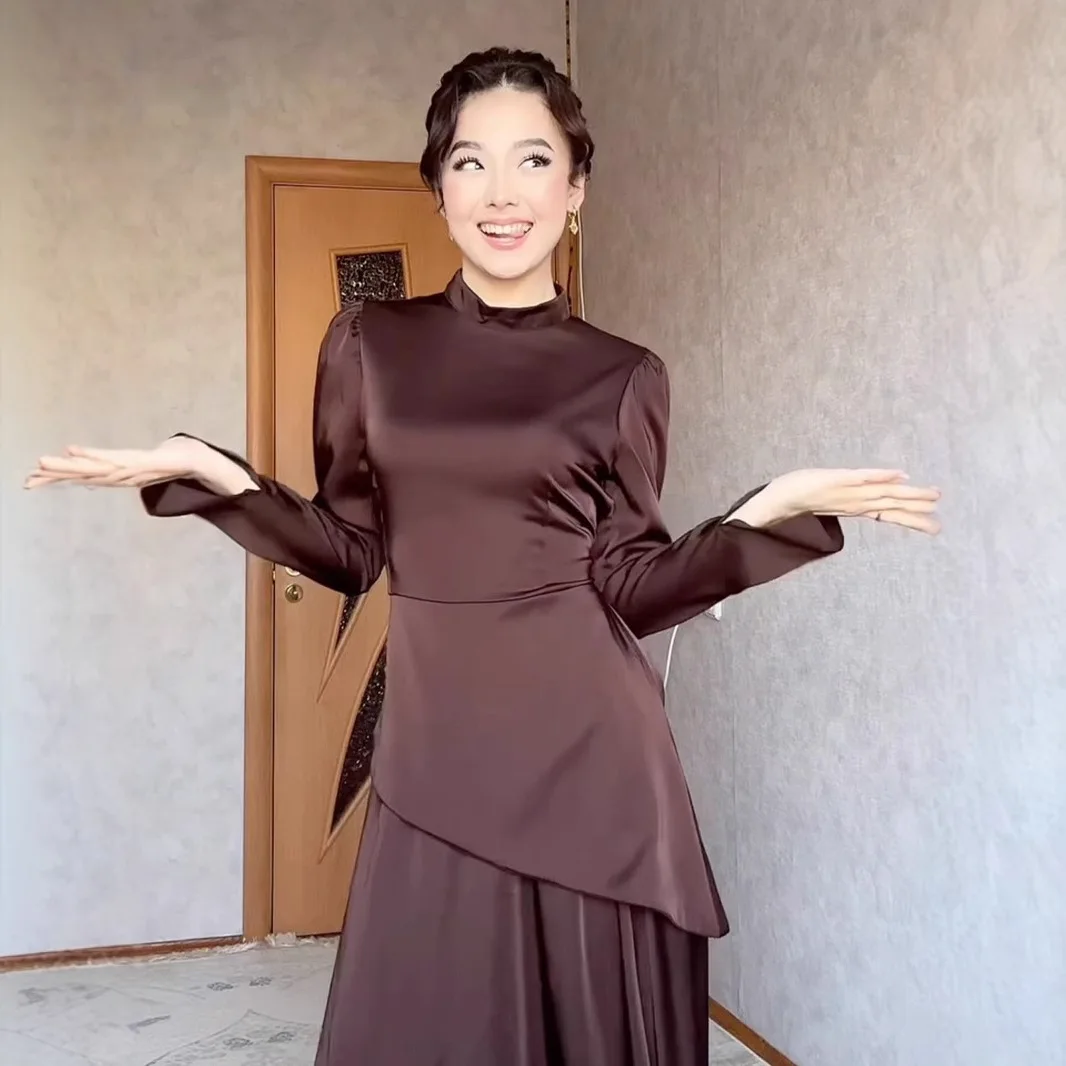 

2026 Spring Solid Color Slim-fit Exotic Long-sleeve Mid-length Tie-waist Dress For Women Ramadan Dubai Luxury Islam Elegant