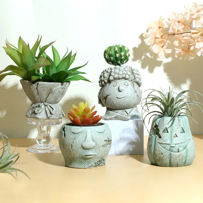 Unique Artistic Figurine Head Resin Plant Pot Irregular Cartoon Head Succulent Planter Home Tabletop Ornament Garden Decoration