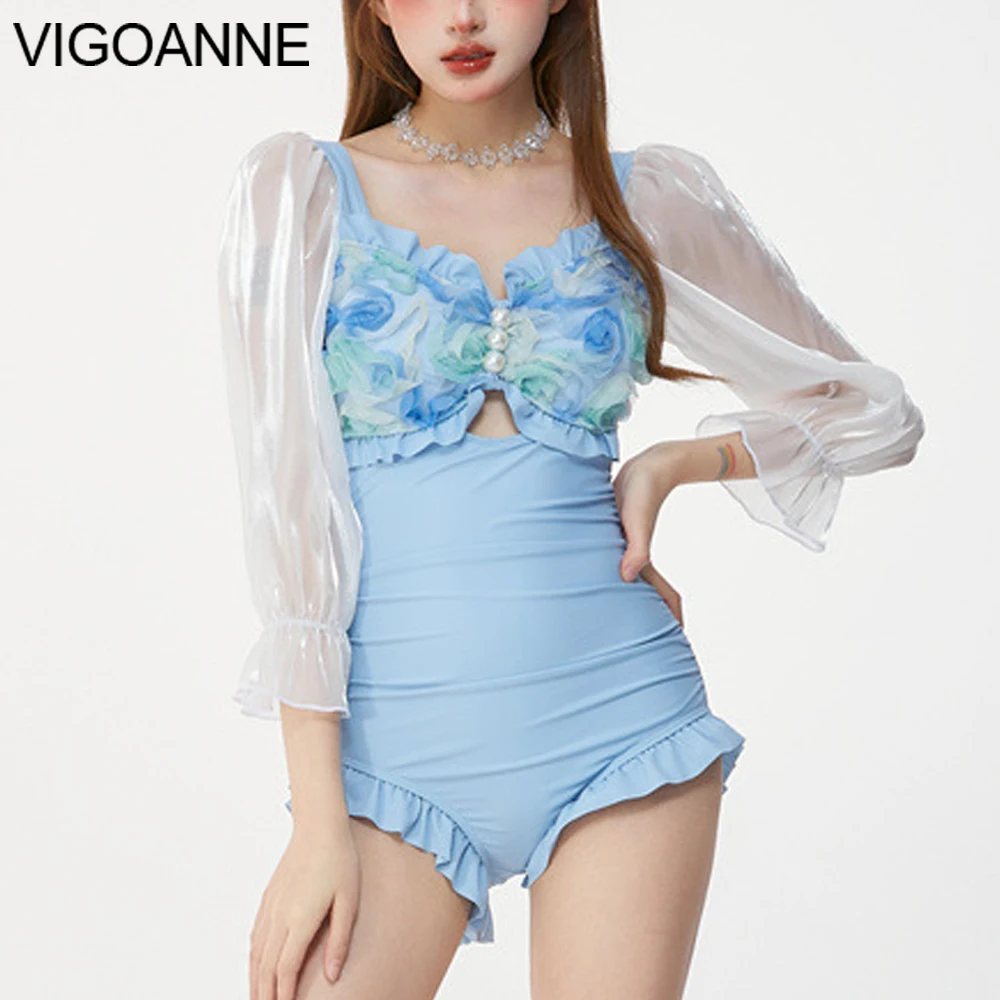 

VigoAnne Blue Long Sleeve Swimwear Women 2024 Sexy Hollow Push UP One Piece Swimsuit Korean Closed Monokini Summer Bathing Suit