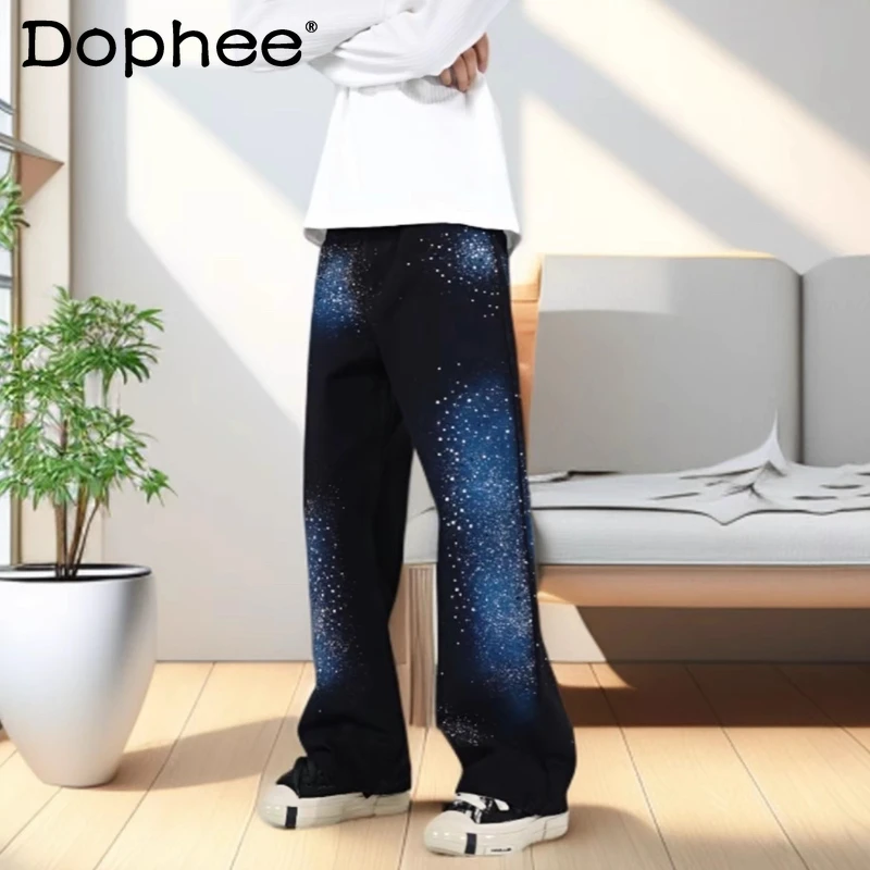 

2025 Men's Autumn New Starry Sky Rhinestone Jeans Light Luxury Loose Comfort Straight Wide-Leg Trousers High Street Long Pants