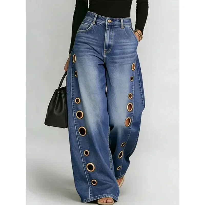 

BKQU Metal Grommet Wide Leg Jeans Women's American High Street Loose Side Hollow Retro Washed Denim Pants Casual Y2k Trousers