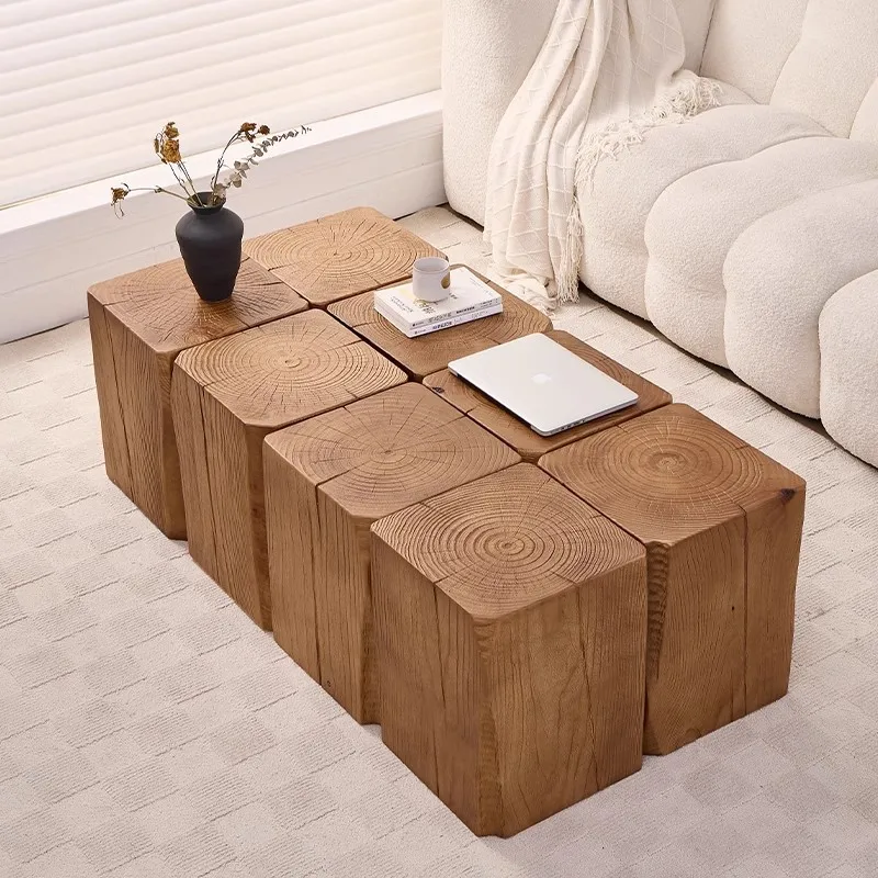 

Log pier, square solid wood coffee table, wabi-**** wind old root carving stool, retro B & B hotel bedside table