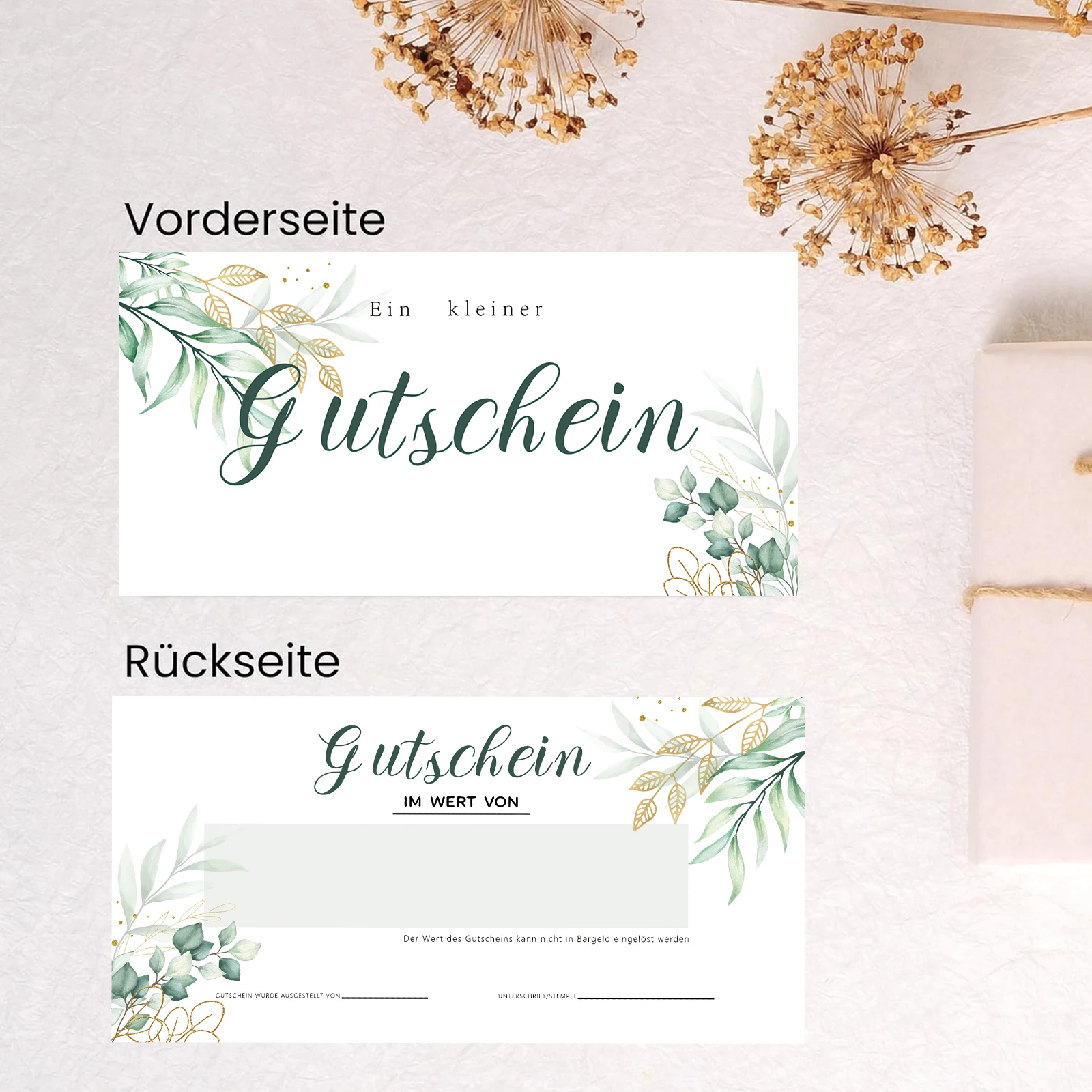 25 قطعة من القسائم الفارغة، تصميم نمط أوراق الأوكالبتوس، ألوان مائية وأوراق الأوكالبتوس الذهبية، قسائم هدايا للعملاء،