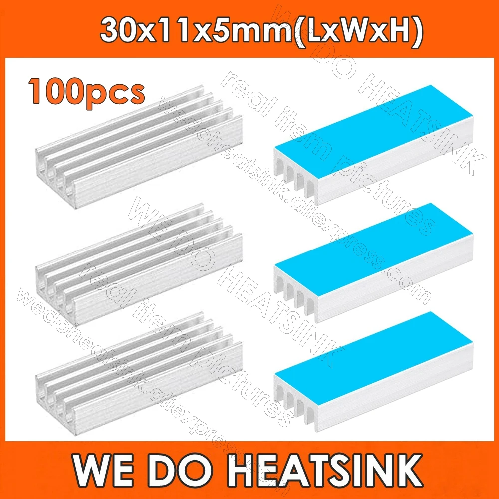 

WE DO HEATSINK 100pcs 30x11x5mm Aluminum Heatsink Radiator Cooler With Thermal Adhesive Heat Transfer Pads