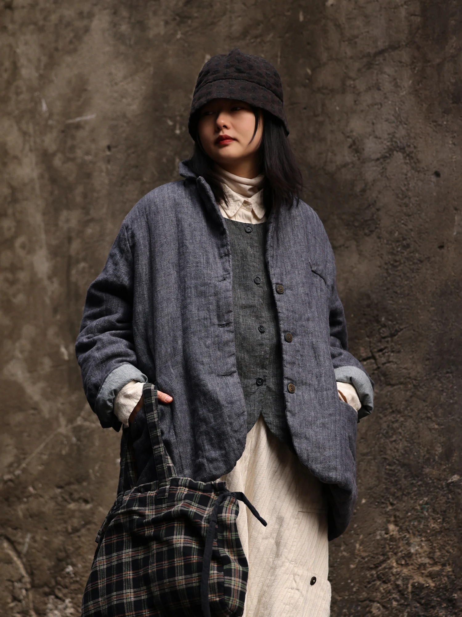 

PengPeng Home 3974 Cotton Jaet with Collar Turn-down Linen Material Thiened Long Sve Artistic Sle Casual Coat