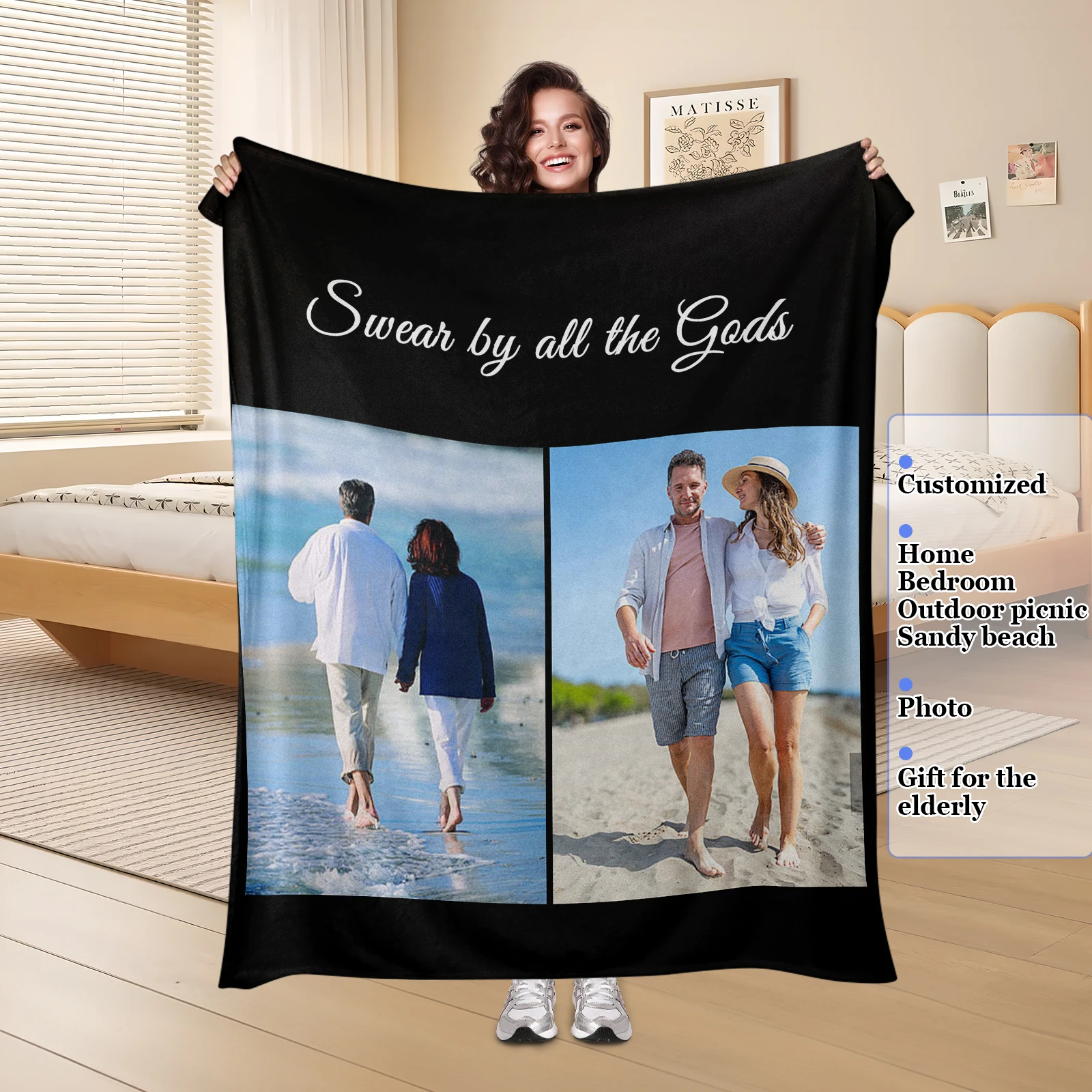 Sweet Seaside Stroll Couple Personalized Custom Photo Blanket Holding Hands Cozy Snuggle Stroll Seaside Couch Travel Available