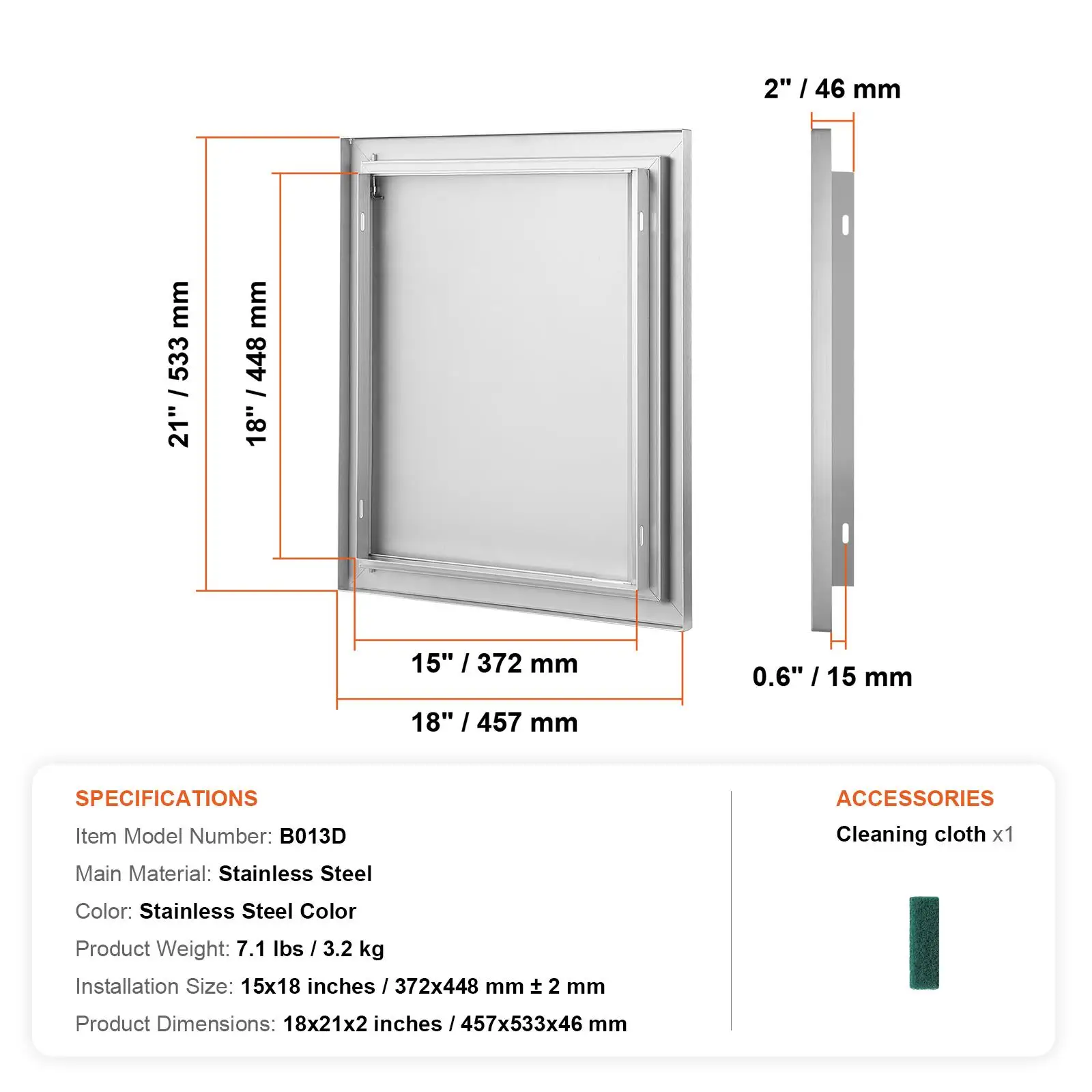 18W x 21H Stainless Steel Flush Mount Outdoor Kitchen Access Door with Recessed Handle for bbq Island Grilling Station Cabinet