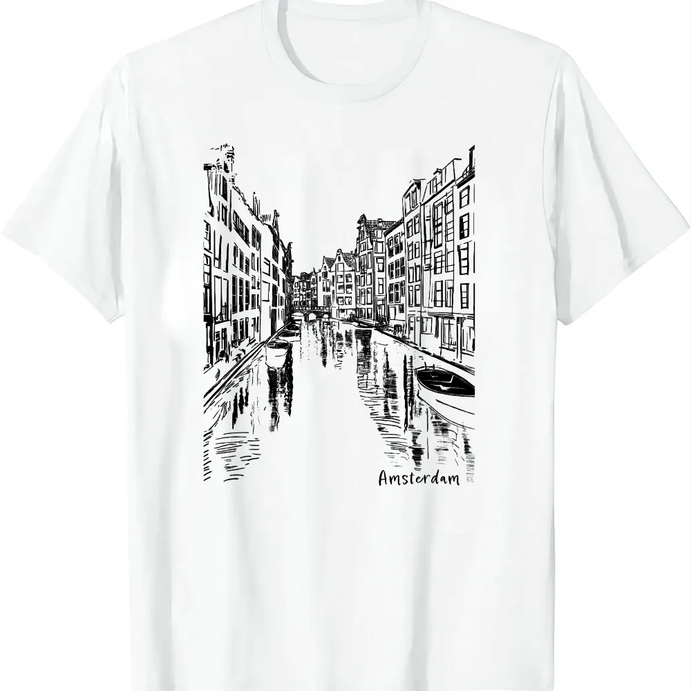 Amsterdam Canal Netherlands Holland Drawing Artwork Souvenir Unisex-Child Classic Fit Black Artwork T-Shirt Camiseta Streetwear