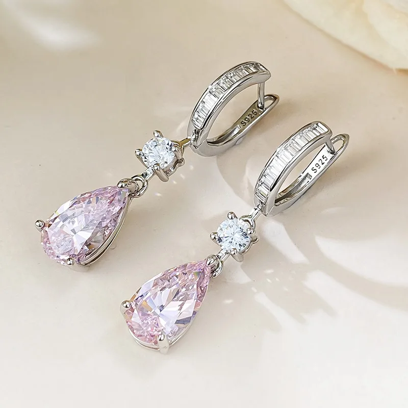 European and American New Pear Shaped Pink Diamond Water Drop Earrings and Ear Buckles for Daily Fashion Commuting