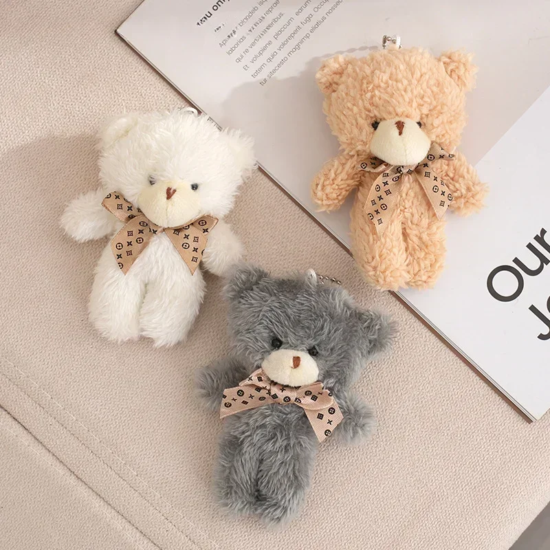 12cm Cute Cartoon Bear Plush Doll Toy Mini Bow Tie Bear Stuffed Animal Toy Kawaii Plush Keychain Bag Pendant Children Gift