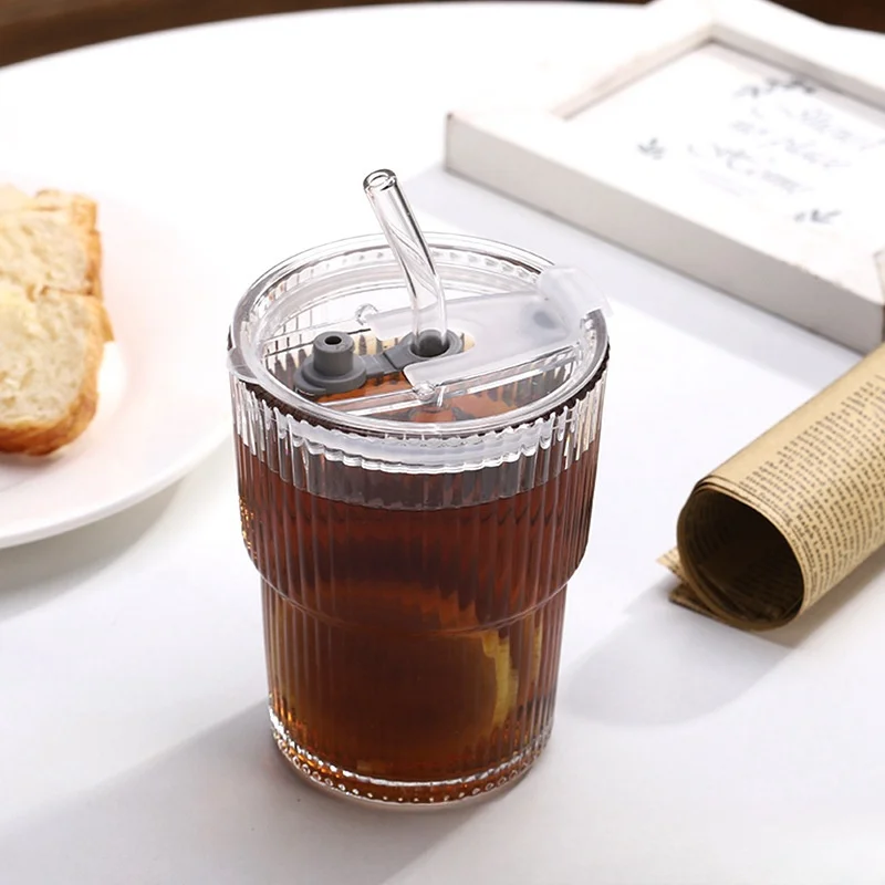 Stripe Straw Glass Cup Whisky Wine Drinking Glasses Transparent Lid Coffee Mug Tea Water Mug Milk Juice Cup Kitchen Accessories image 2