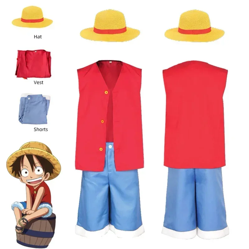 

Live Action TV One Cosplay Piece Luffy Vest Pants Hat Outfits Halloween Carnival Party Disguise Roleplay Suit For Boys Children