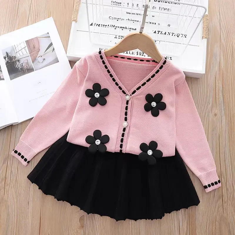 2024 Girls Set New Sweater Short Skirt Childrens Fashion Four Blossom Cardigan Korean Baby Girl Dress