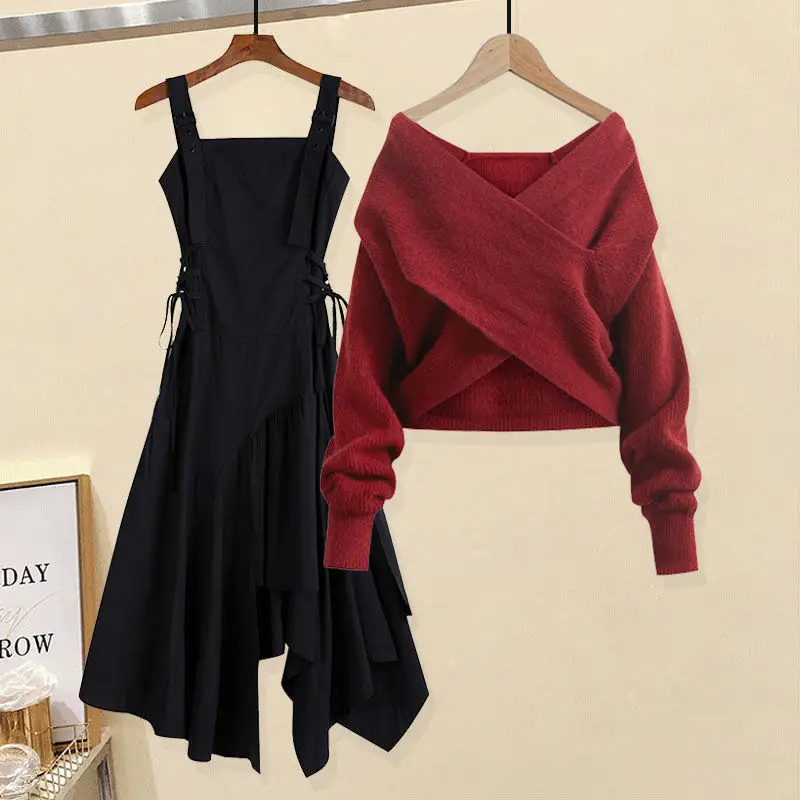 Korea Large Women's 2022 Autumn New Set Elegant Fashion Women's Relaxed Cross Sweater Irregular Waist Sling Dress Two Piece Set