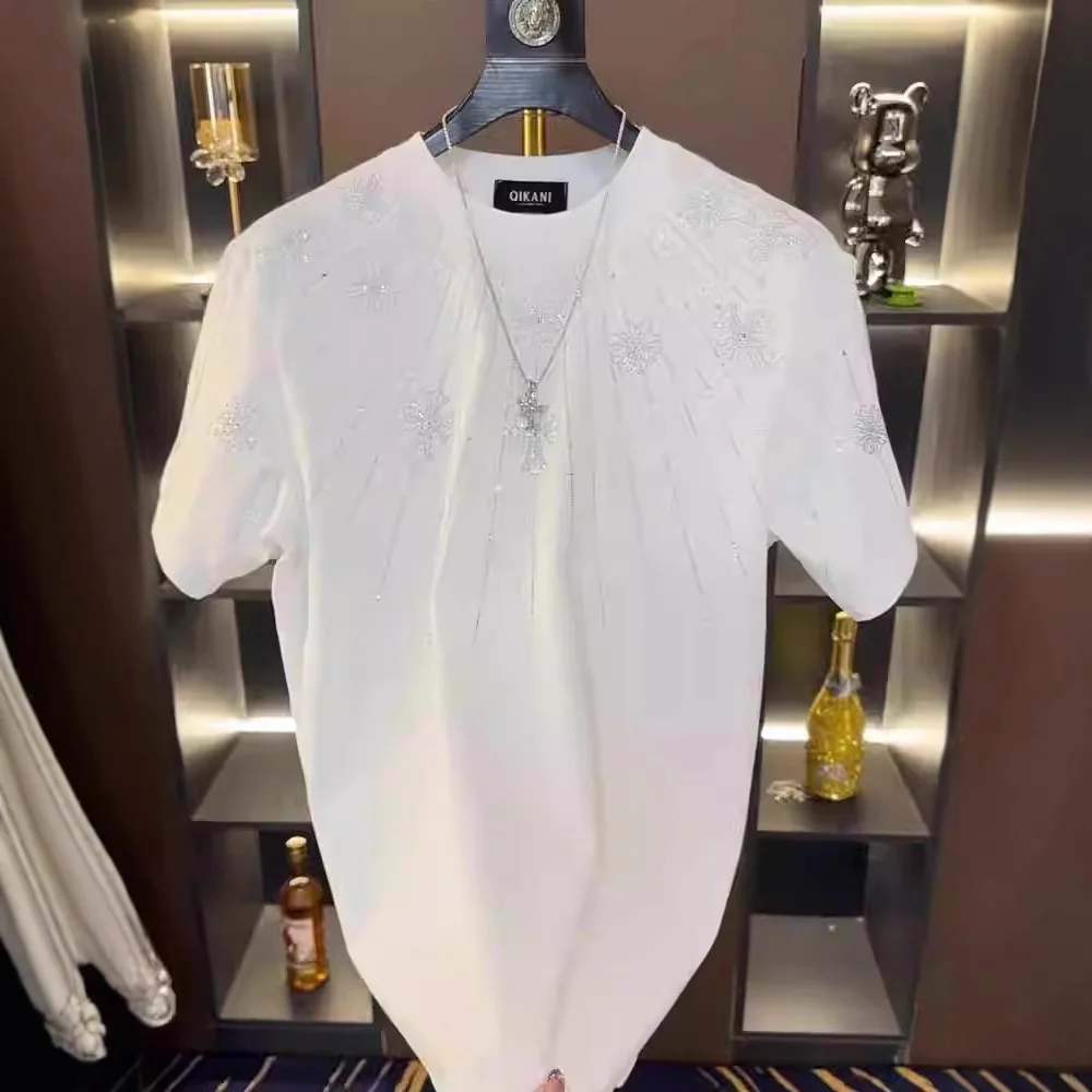 New Trendy Light Luxury Fashion Rhinestone Half Loose Round Neck Short Sleeve Men's T-Shirt