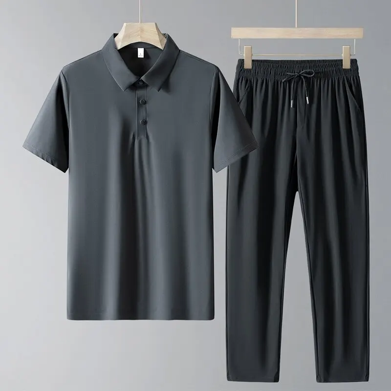 

Summer Fashionable Solid Color Ice Silk Sports Breathable Short Sleeve Polo Shirt Set for Men's Casual Loose Large Two Piece Set