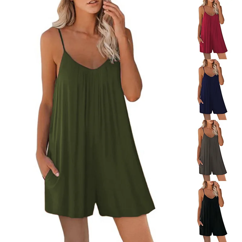 

Strap jumpsuit casual shorts summer new cross-border solid color loose pocket jumpsuit