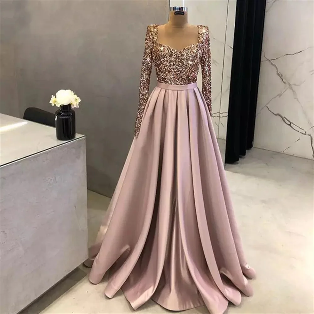 Cathy Glitter A-line Satin Prom Dress Elegant Long Sleeves Party Dresses Heart Shaped Neckline Floor-length Vestidos De Noche