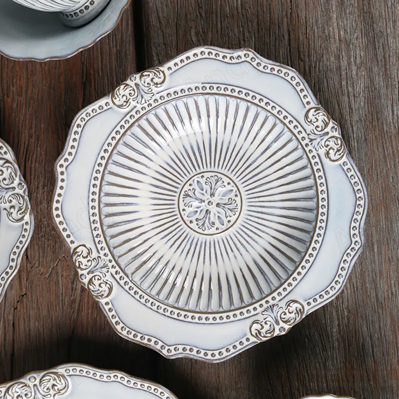 French Baroque Ceramic Plate Retro Dining Room Desktop Dishes and Plates Sets Court Relief Decorative Home Kitchen Tableware