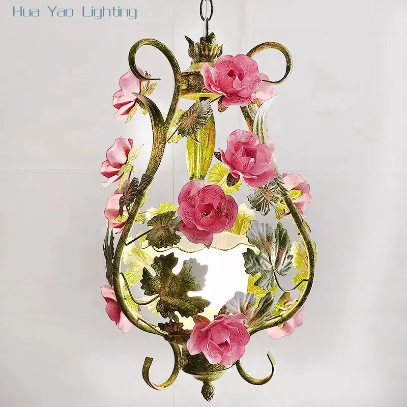 

Floral Chandelier Lighting Colorful Rose Pendant Lamp D35cm Living Room Decora Candle Hanging Lights Dining Room Home Decoration