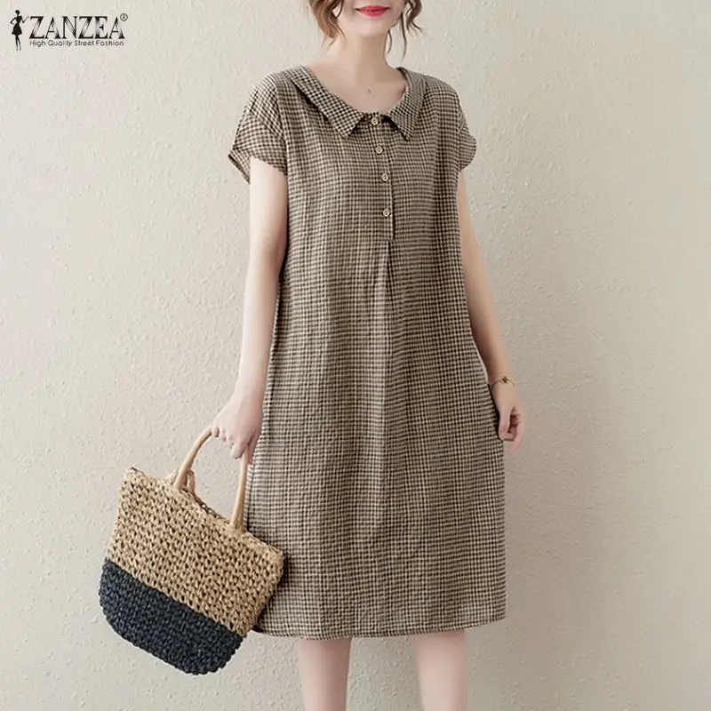 

2026 ZANZEA Винтажное клетчатое платье для женщин, летний сарафан с отложным воротником, короткий рукав, повседневное рабочее платье миди, праздничное платье-рубашка