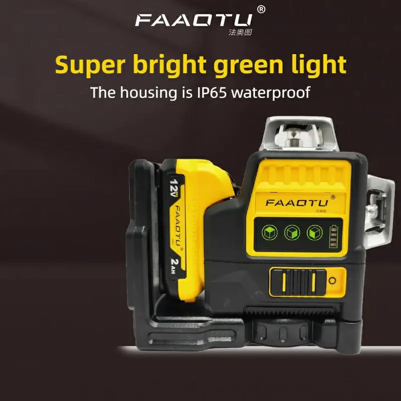 FAAOTU 089LG Professional 3-Sided 12-Line 360° Laser Level 12V DW Battery Compatible Green Laser Tool for Outdoor Use