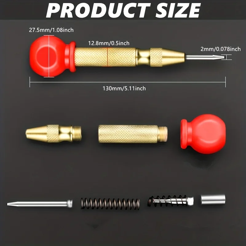Automatic Center Punch, Spring Center Punch, Adjustable Tension, Red Grip