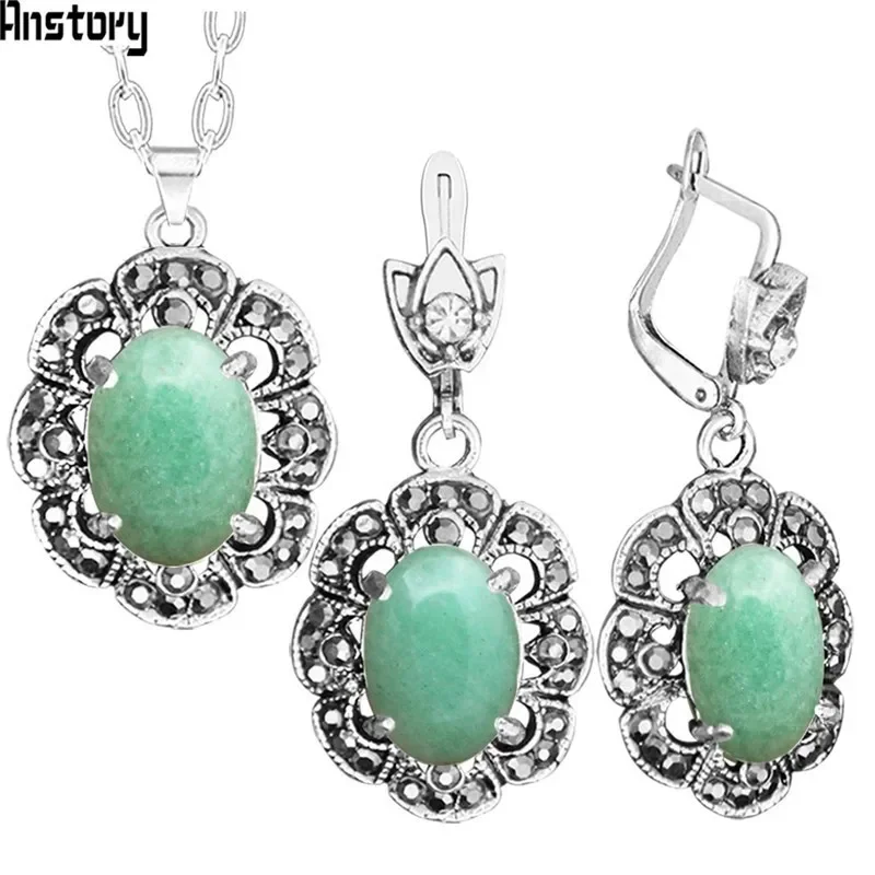 Natural Jades Necklace Earrings Jewelry Set Rhinestone Vintage Look Fashion Jewelry For Women TS404