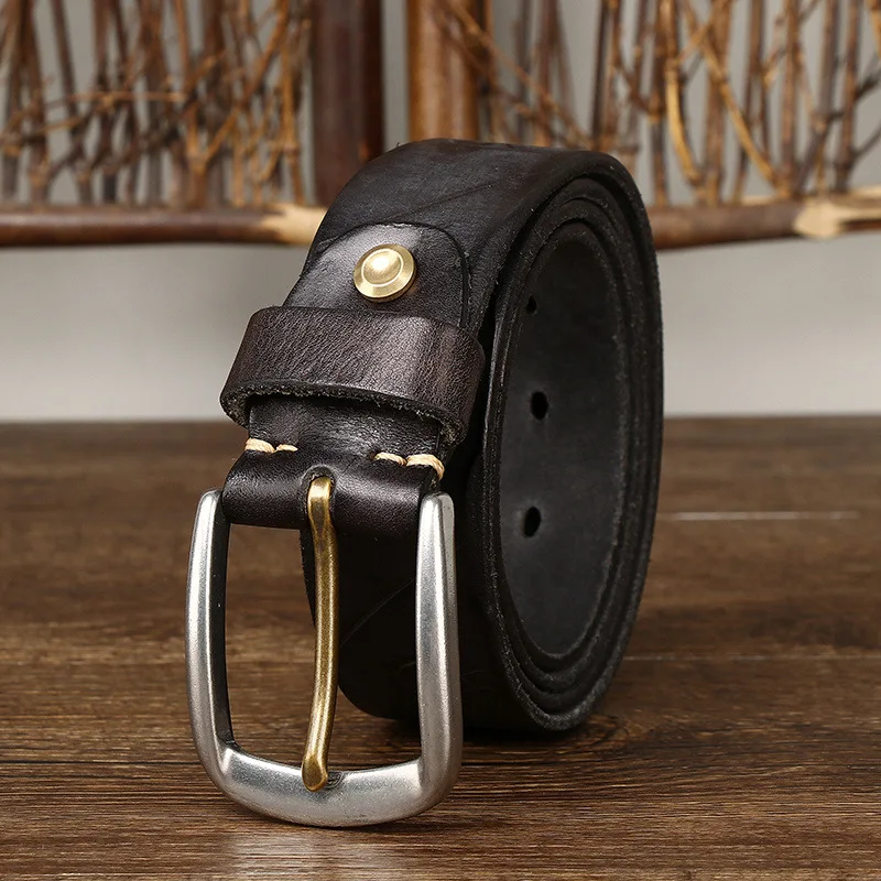 Trendy Retro Style Stainless Steel Buckle Leather Belt Men's Genuine Leather Pin Buckle Casual Waistband